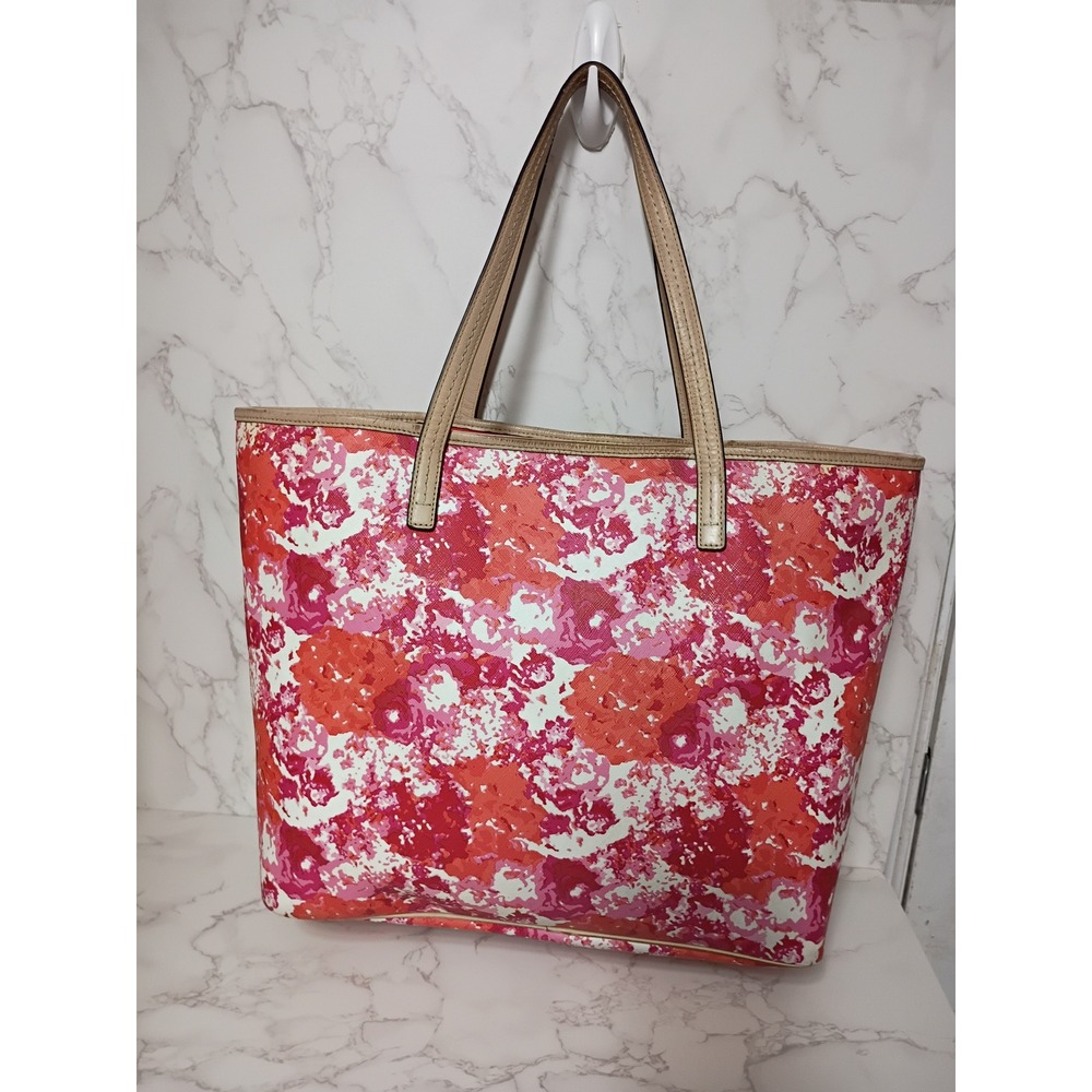 COACH Peyton Large Pink, Red & Orange Absract Floral Print Tote Bag - EUC - Picture 2 of 9
